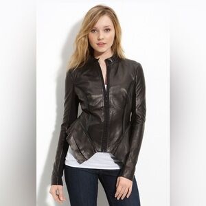 HINGE Peplum Asymmetrical Black Leather Jacket